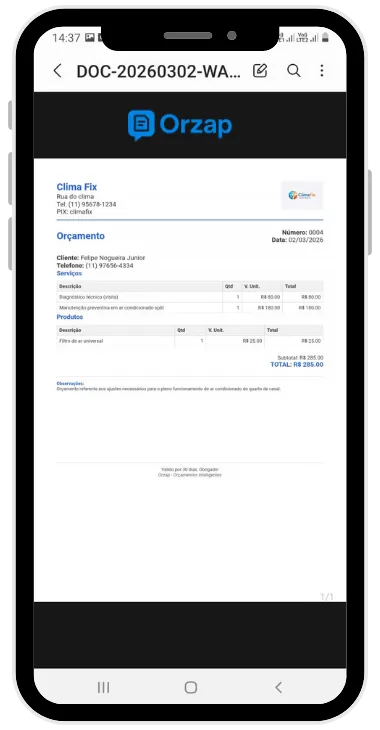 Exemplo de Orçamento PDF Orzap