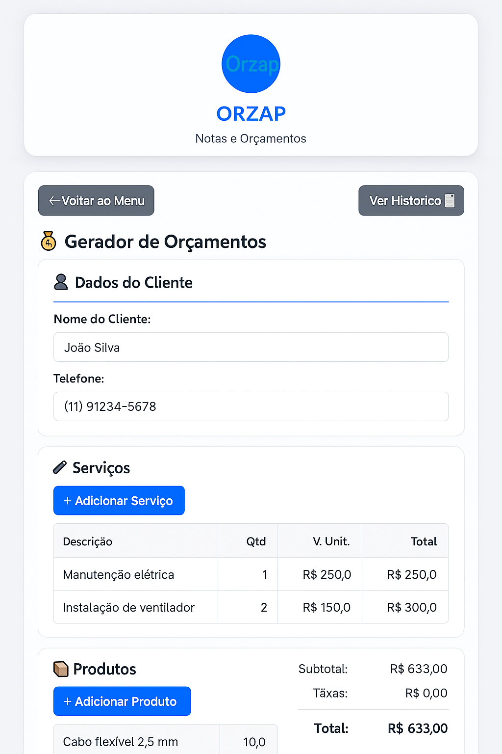 Interface do Orzap